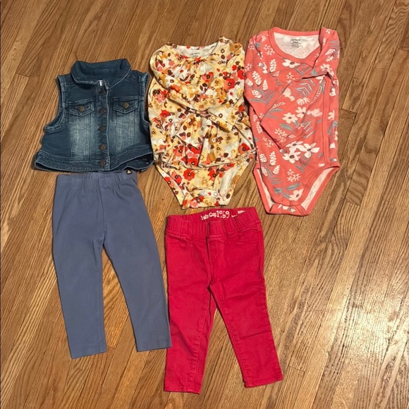 Kids Floral and Coral Tops with Denim Vest and 2 Pants - Picture 1 of 10